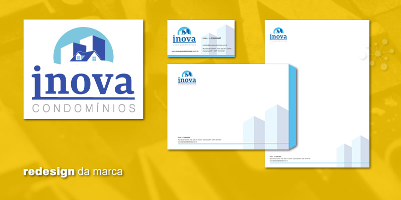Inova Condomínios - Redesign do logotipo e projeto identidade visual básico para papelaria. Arte do cartão de visita, papel carta e envelopes. 